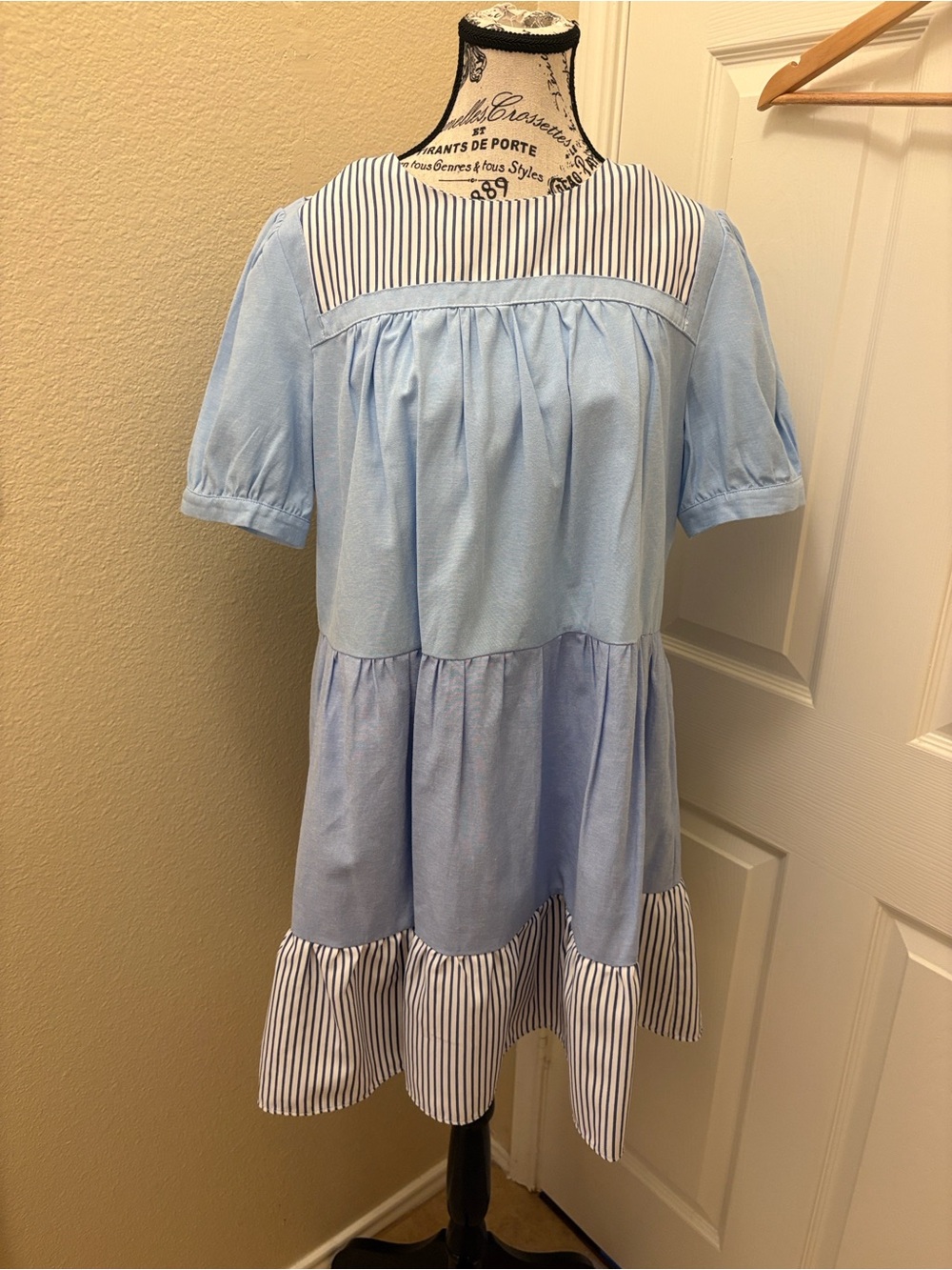 English Factory Light Blue Tiered Cotton Dress with Navy & White Striped A140